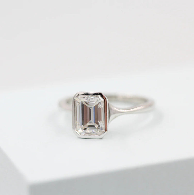 1.7CT Emerald Cut Moissanite Bezel Solitaire Engagement Ring