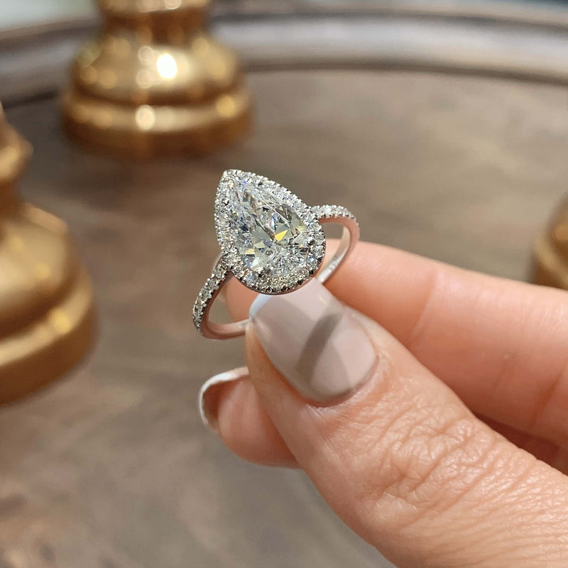 1.98 Carat Pear Halo Moissanite Engagement Ring