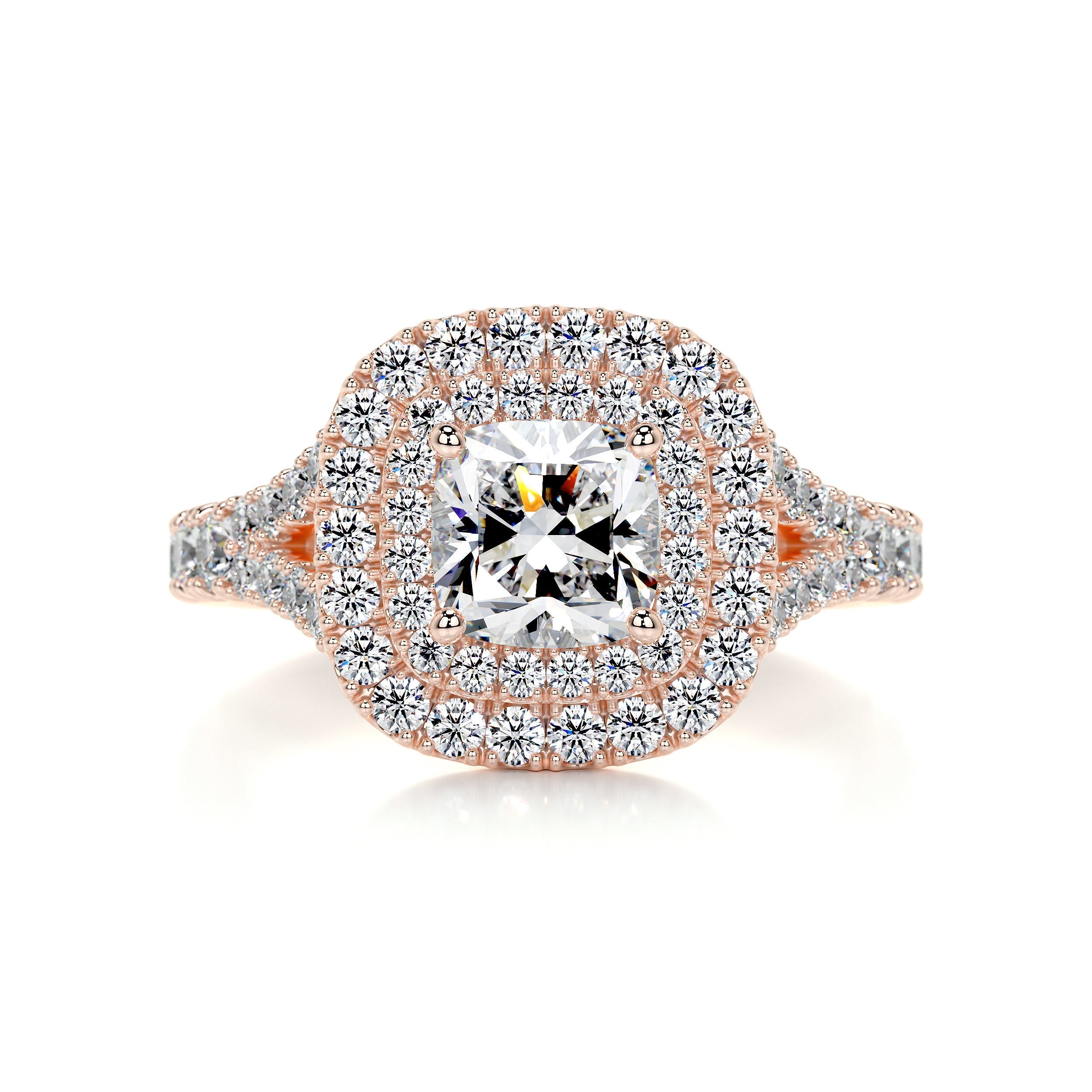 2.15 Carat Cushion Double Halo Pave Moissanite Engagement Ring