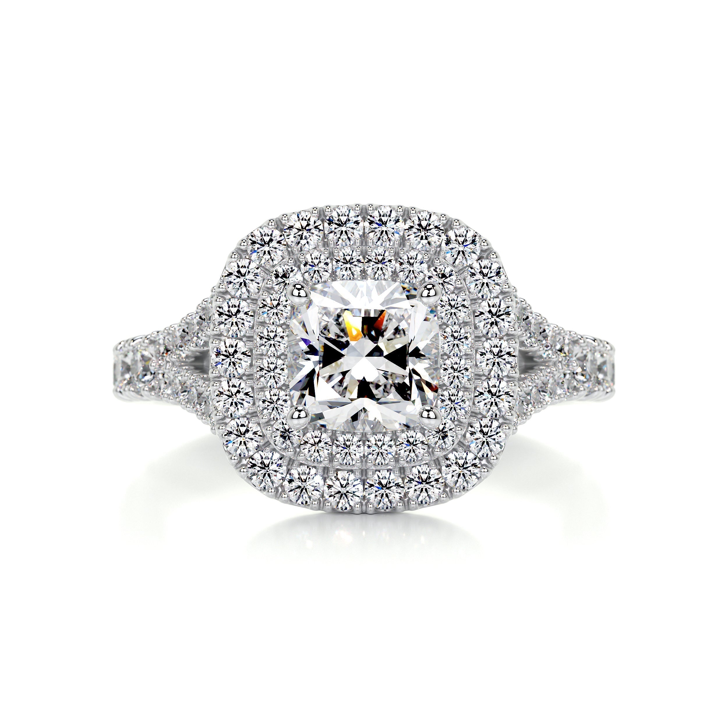 2.15 Carat Cushion Double Halo Pave Moissanite Engagement Ring