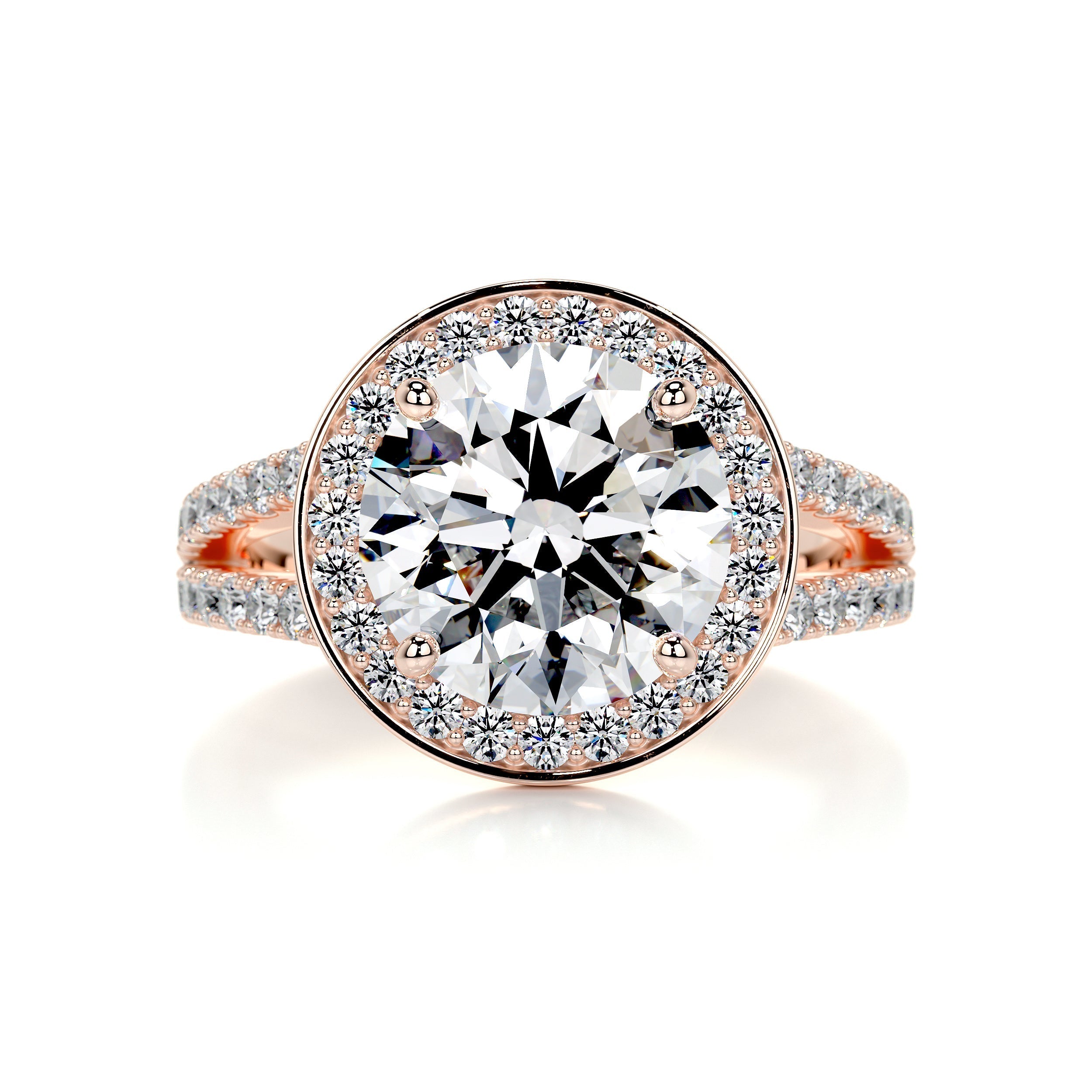 2.5 Carat Round Halo Dual Split Pave Moissanite Engagement Ring