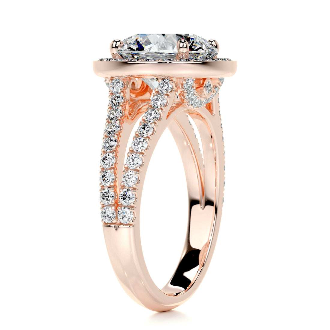 2.5 Carat Round Halo Dual Split Pave Moissanite Engagement Ring