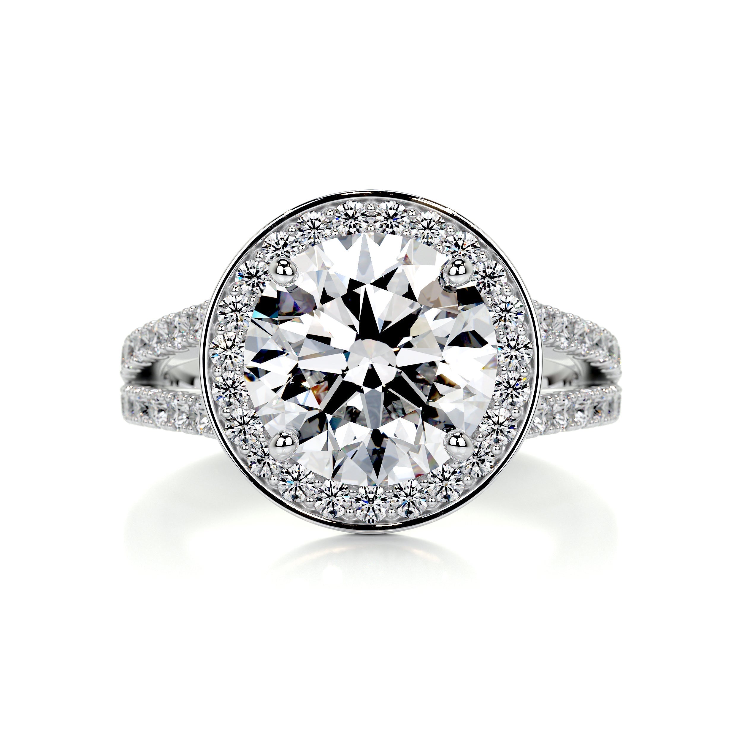 2.5 Carat Round Halo Dual Split Pave Moissanite Engagement Ring
