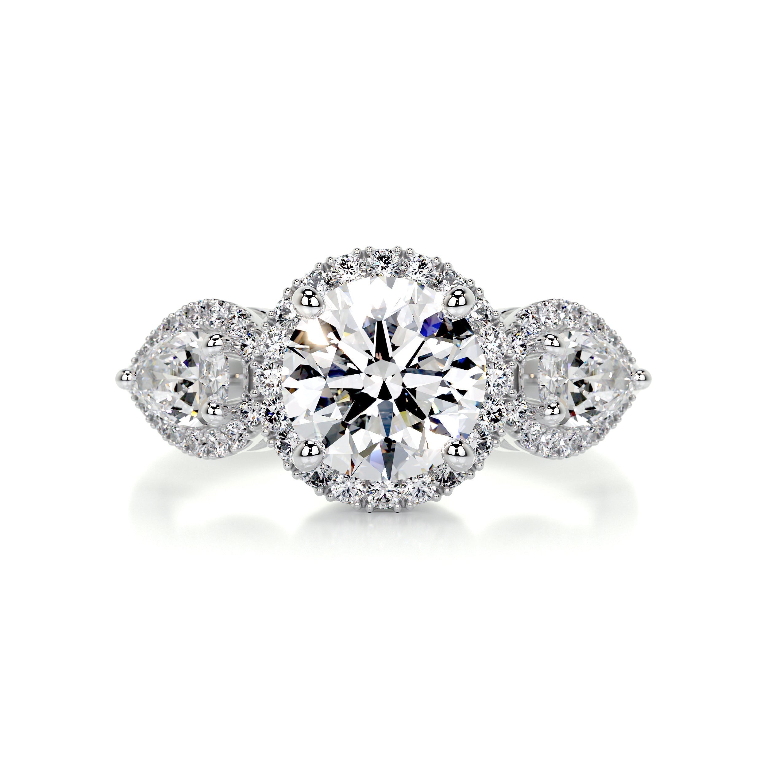 2.8 Carat Round Halo Trinity Pear Moissanite Engagement Ring