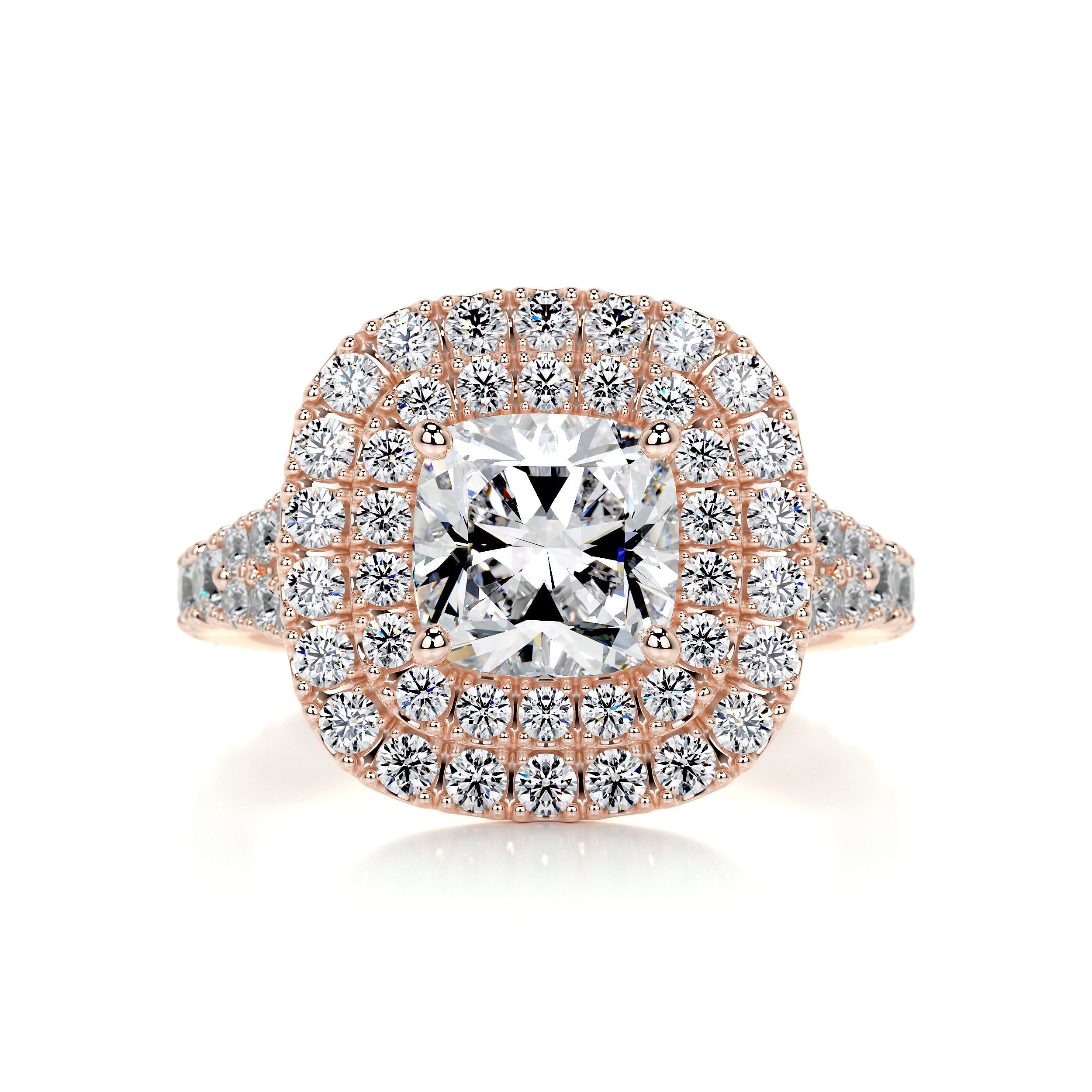 1.96 Carat Cushion Double Halo Split Shank Moissanite Engagement Ring