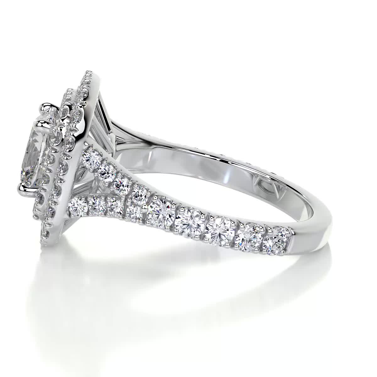 1.96 Carat Cushion Double Halo Split Shank Moissanite Engagement Ring