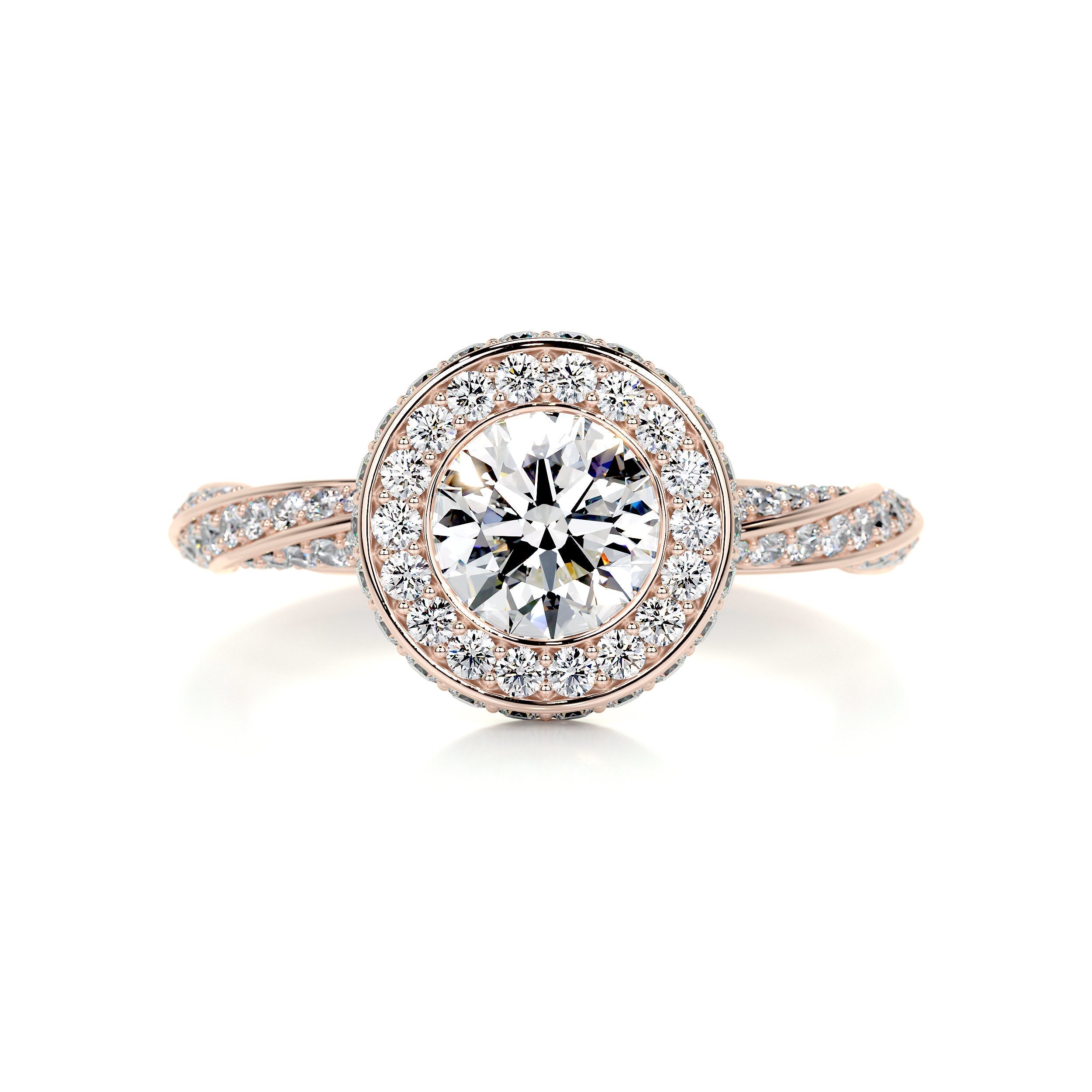 2.6 Carat Bezel Round Halo Moissanite Twisted Engagement Ring