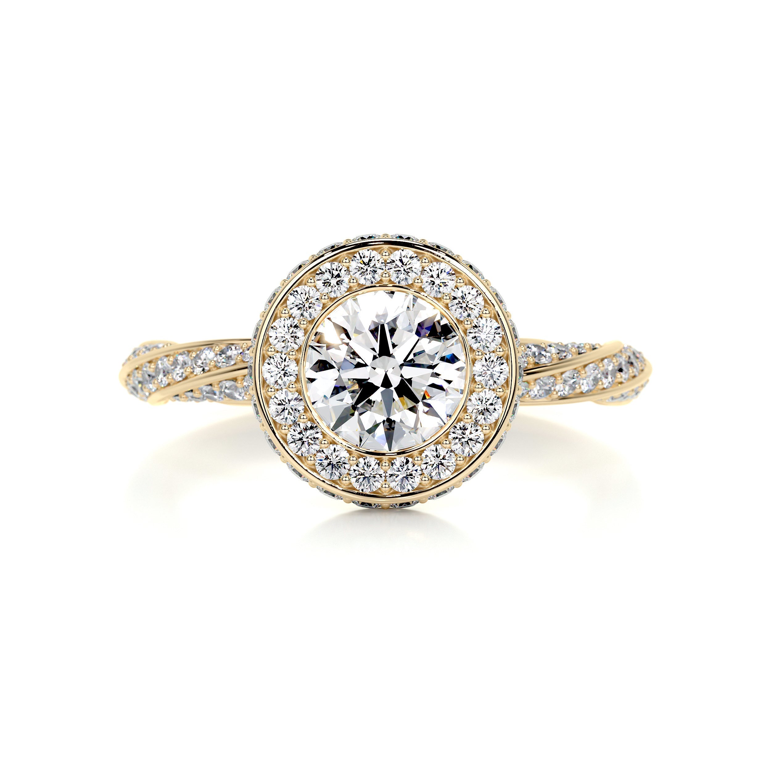 2.6 Carat Bezel Round Halo Moissanite Twisted Engagement Ring