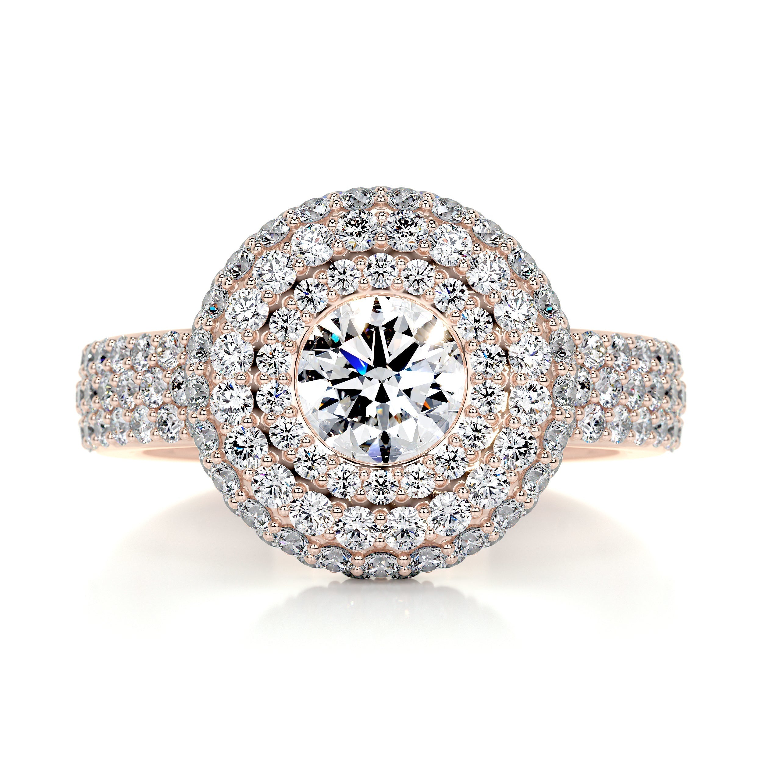 3.10 Carat Double Halo Round Moissanite Trinity Engagement Ring