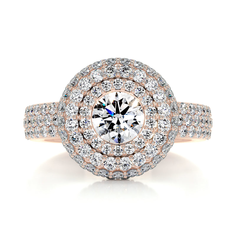 3.10 Carat Double Halo Round Moissanite Trinity Engagement Ring