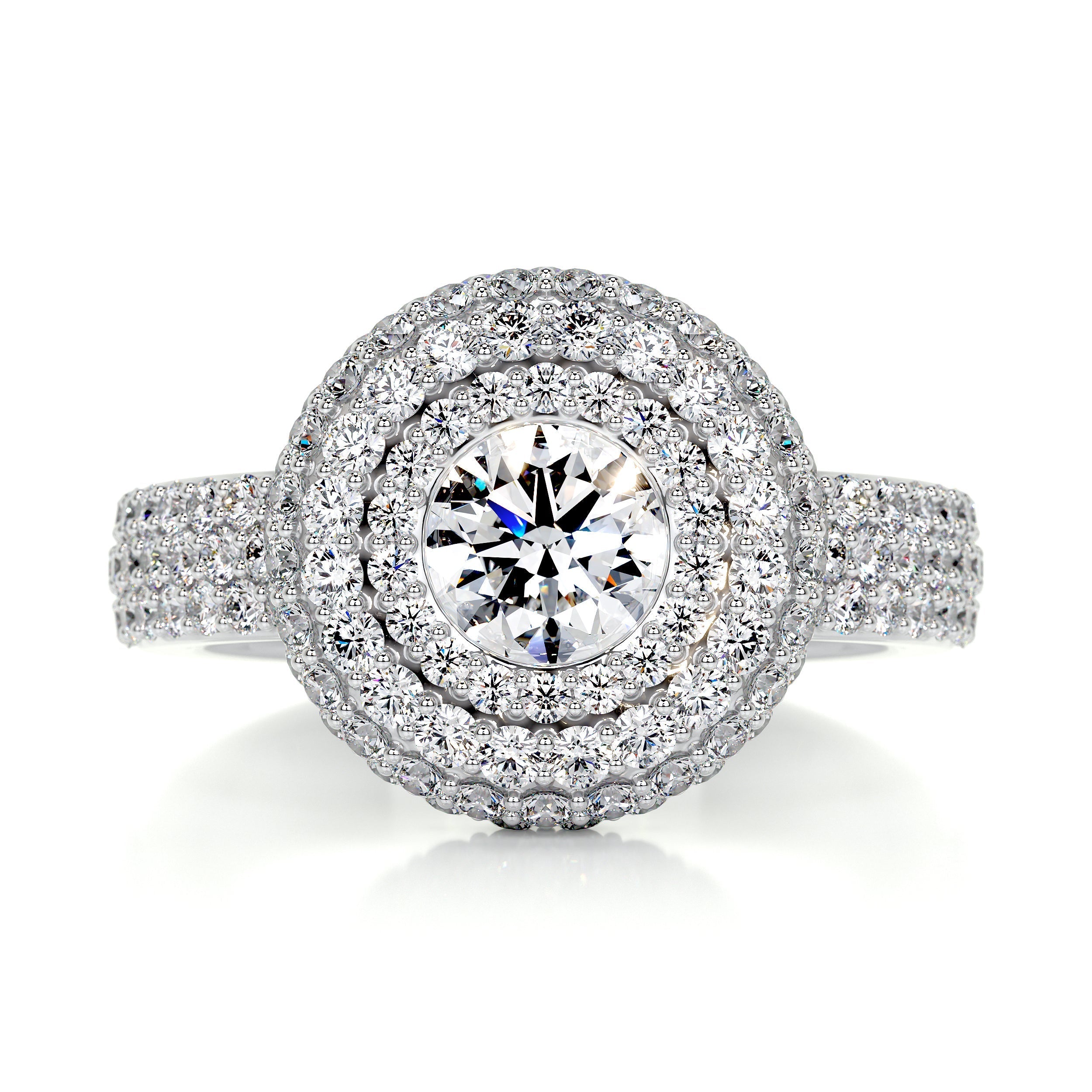 3.10 Carat Double Halo Round Moissanite Trinity Engagement Ring