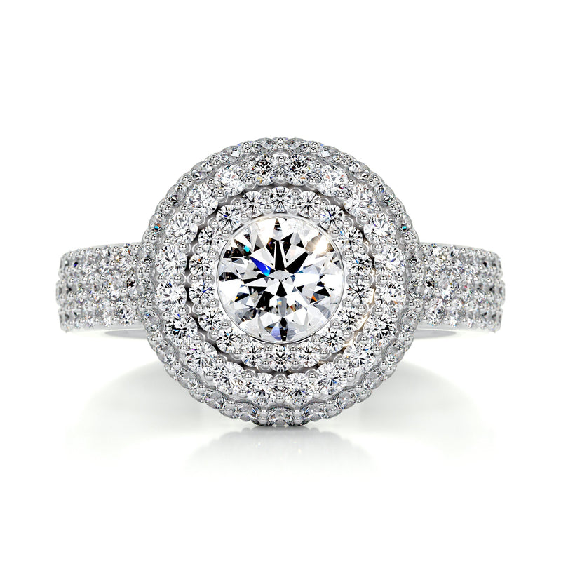 3.10 Carat Double Halo Round Moissanite Trinity Engagement Ring
