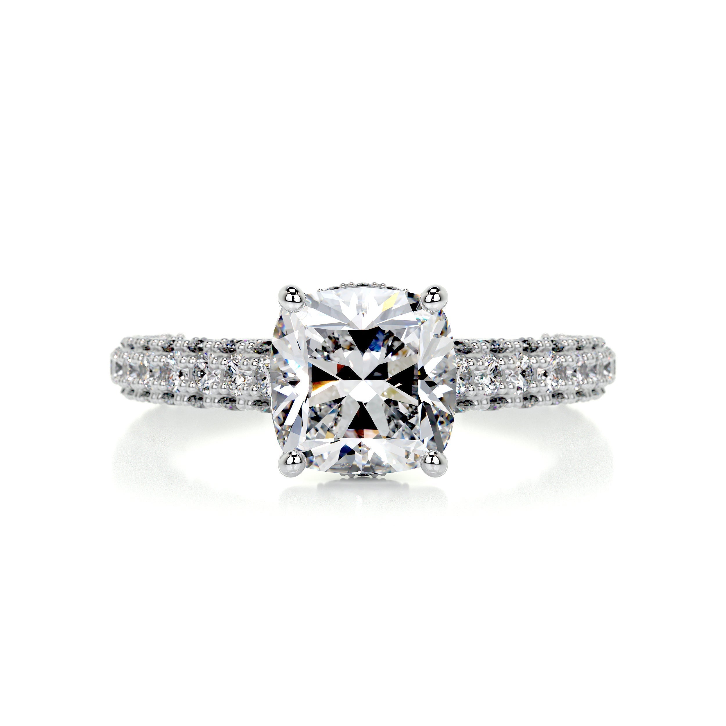 3.34 Carat Cushion Triple Pave Hidden Halo Moissanite Engagement Ring