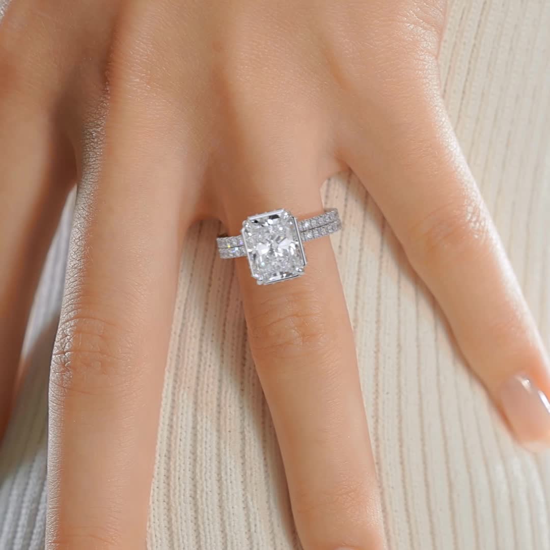 2.80 ct Radiant Cut Moissanite Hidden Halo Bridal Wedding Ring Set