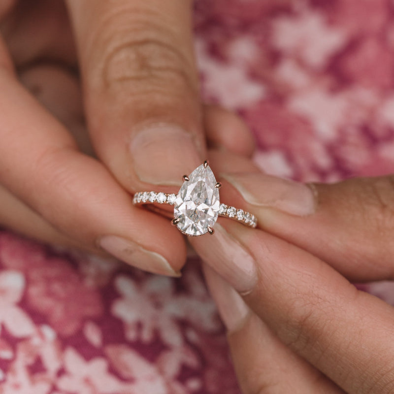 1.80 - 3.80 CT Pear Moissanite Hidden Halo Pave Setting Engagement Ring