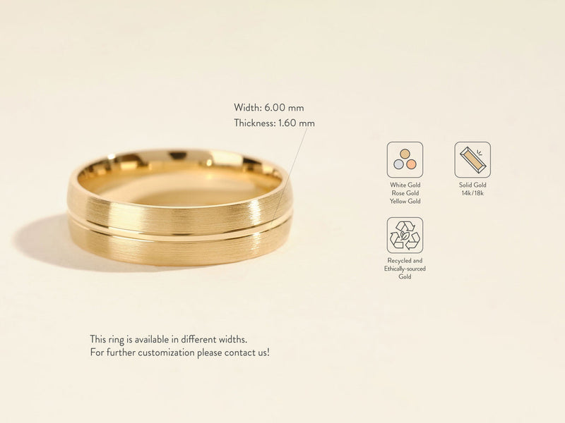 6.0mm Basic Carved Matte Brushed Men's Gold Wedding Band