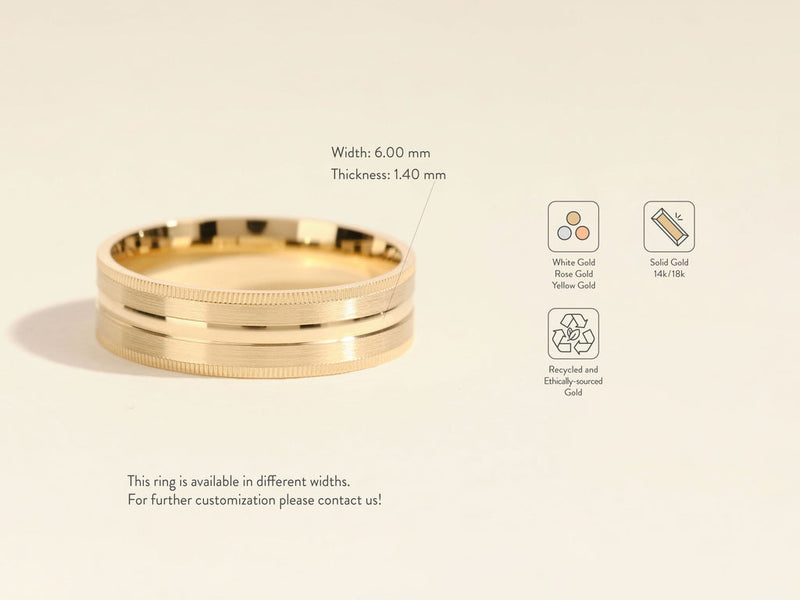 6.0mm Mid-Beveled & Matte Brushed Milgrain Men's Gold Wedding Band