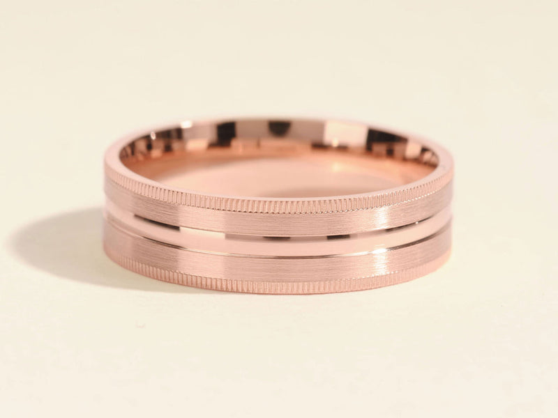 6.0mm Mid-Beveled & Matte Brushed Milgrain Men's Gold Wedding Band