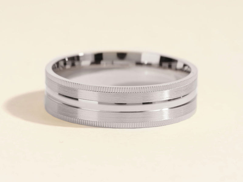 6.0mm Mid-Beveled & Matte Brushed Milgrain Men's Gold Wedding Band