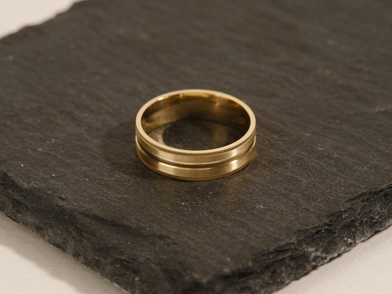 6.0mm Mid-Beveled & Matte Brushed Milgrain Men's Gold Wedding Band