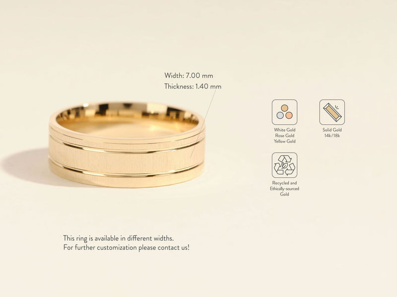7.0mm Horizontal Thick Brushed & Double Grooved Men's Gold Wedding Band