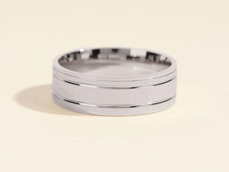 7.0mm Horizontal Thick Brushed & Double Grooved Men's Gold Wedding Band