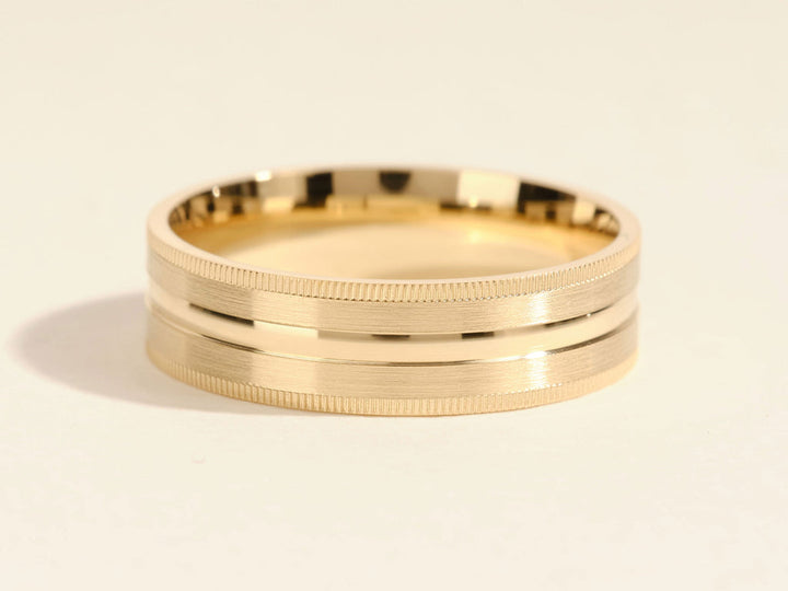 6.0mm Mid-Beveled & Matte Brushed Milgrain Men's Gold Wedding Band