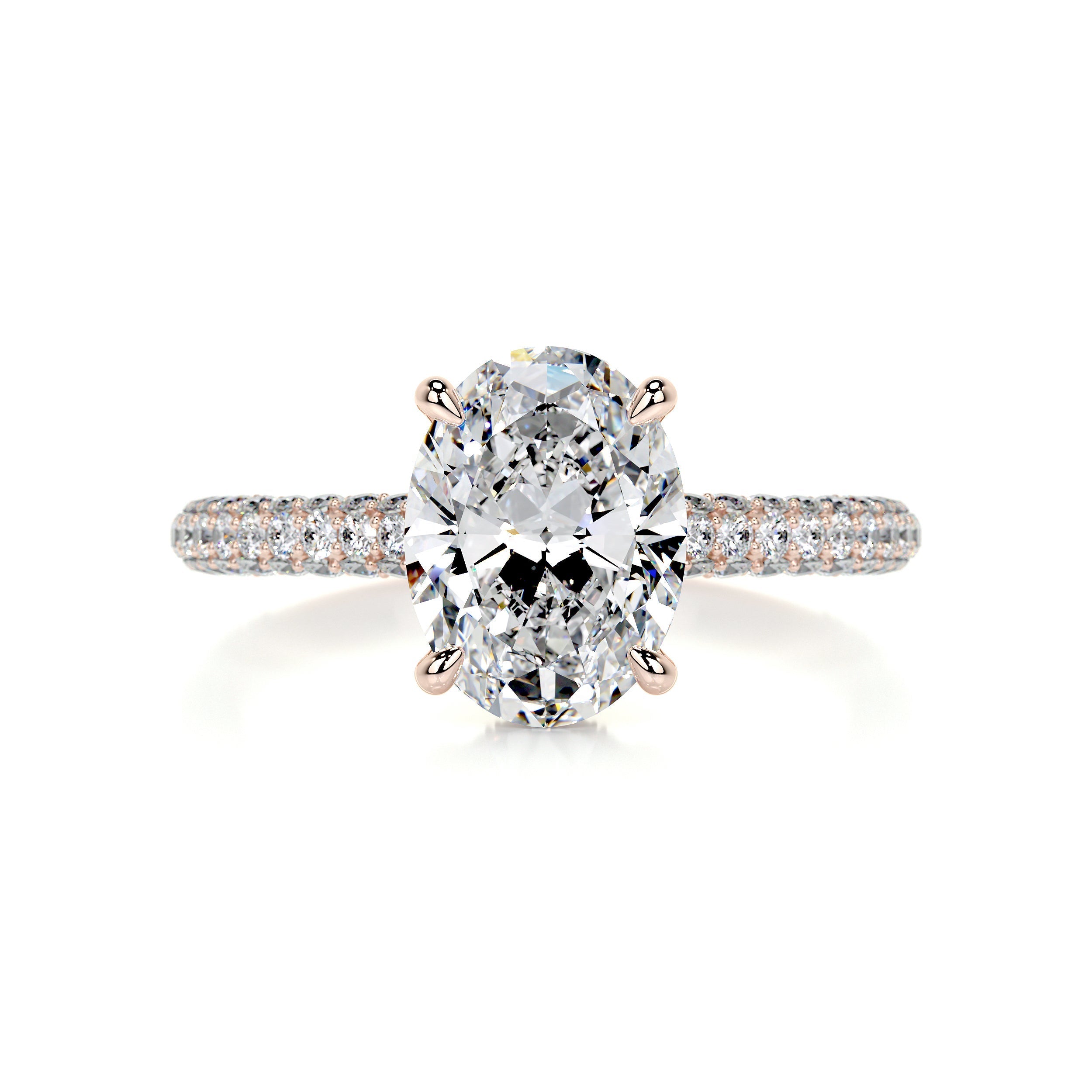 3.22 Carat Oval Cut Moissanite Triple Pave Hidden Halo Engagement Ring