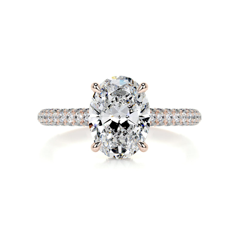 3.22 Carat Oval Cut Moissanite Triple Pave Hidden Halo Engagement Ring