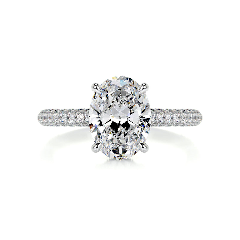3.22 Carat Oval Cut Moissanite Triple Pave Hidden Halo Engagement Ring