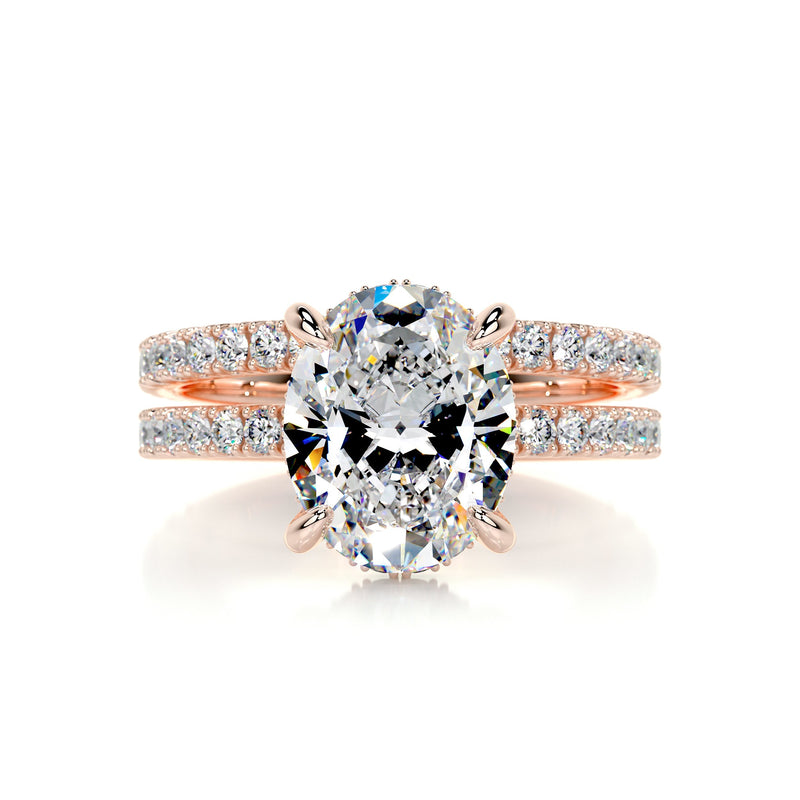 2.95 Carat Oval Moissanite Hidden Halo Engagement Ring Set