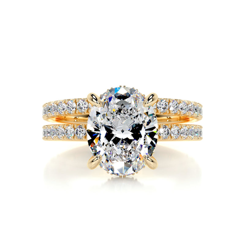 2.95 Carat Oval Moissanite Hidden Halo Engagement Ring Set