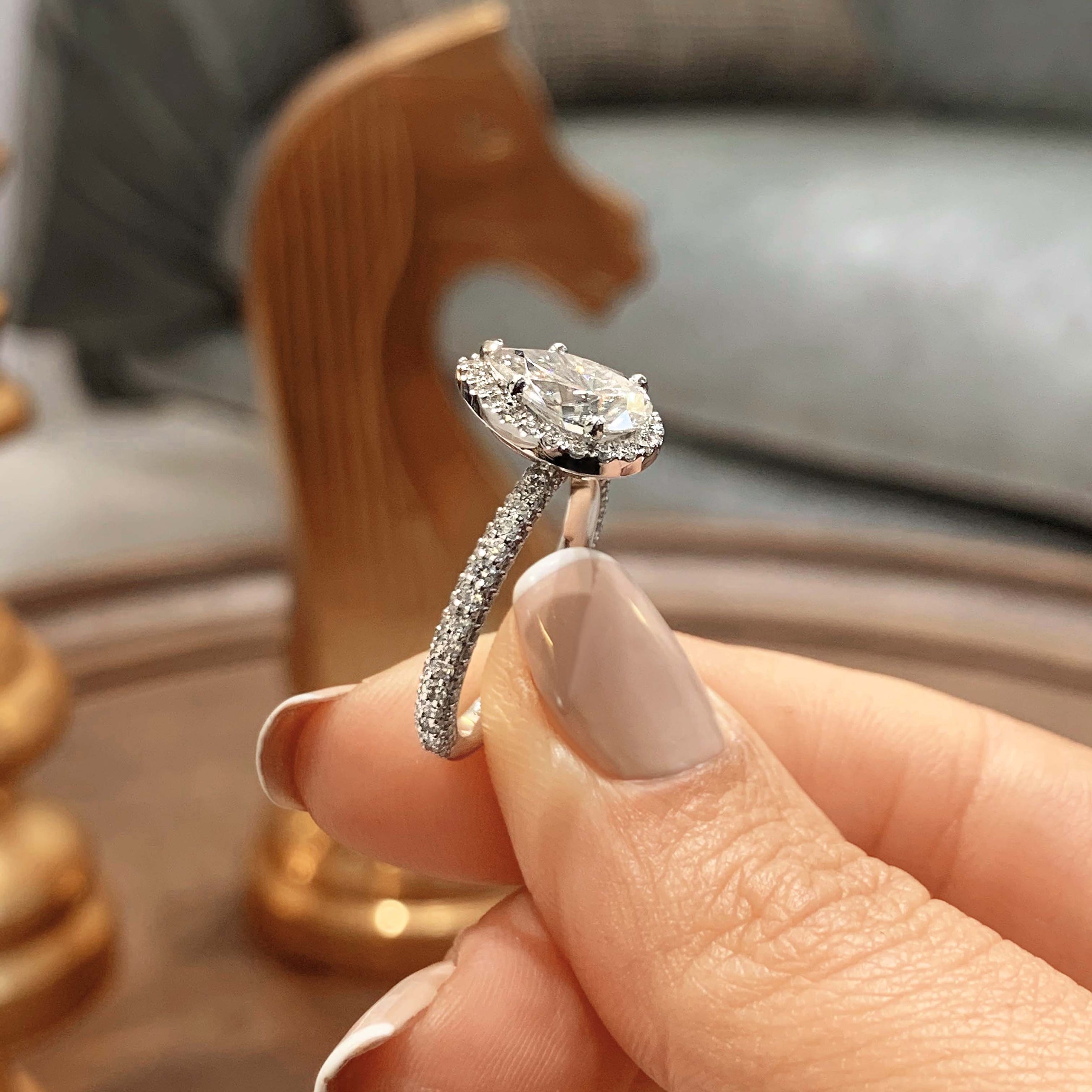 2.70 Carat Pear Halo Moissanite Diamond Dainty Engagement Ring