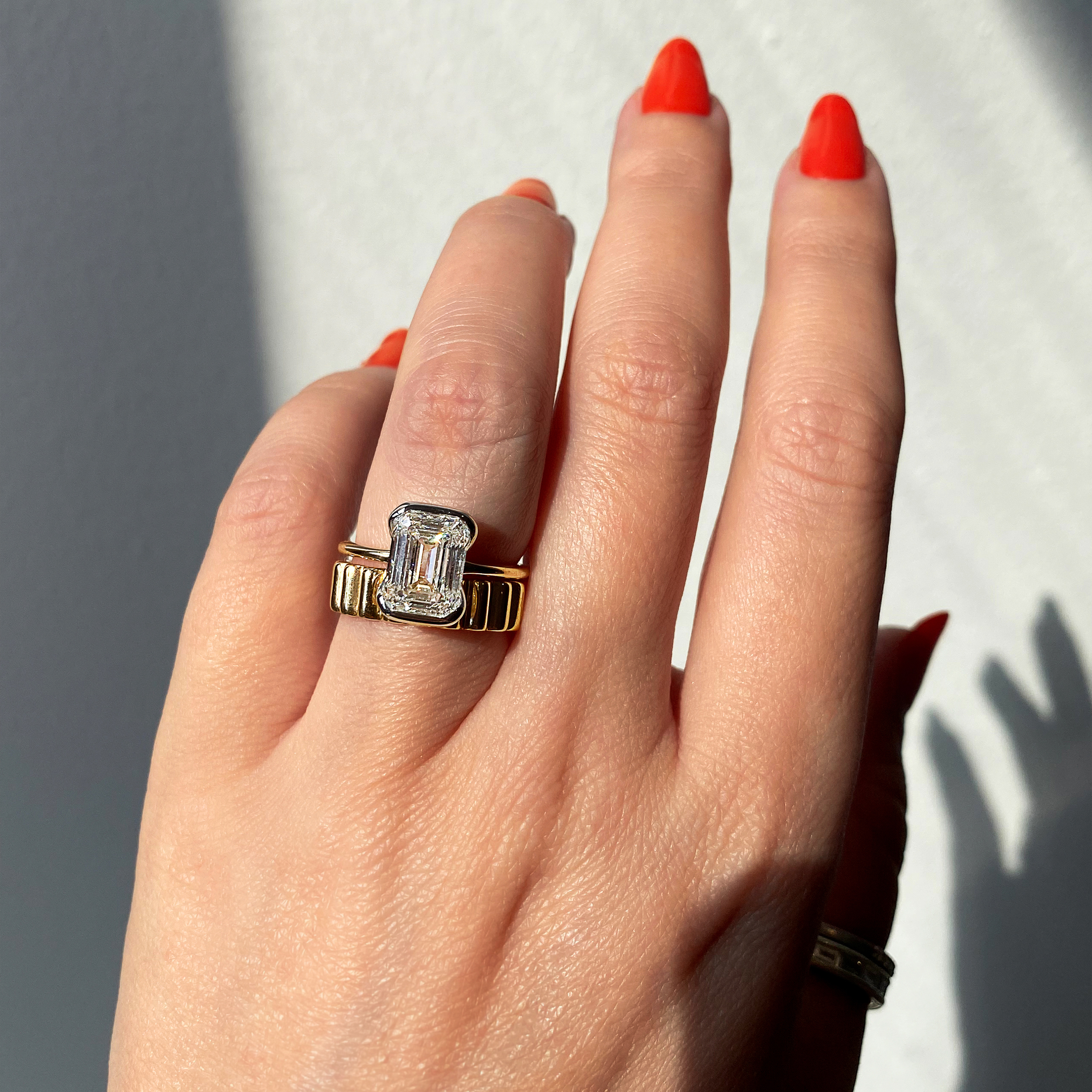 2CT Emerald Cut Moissanite Half Bezel Solitaire Engagement Ring