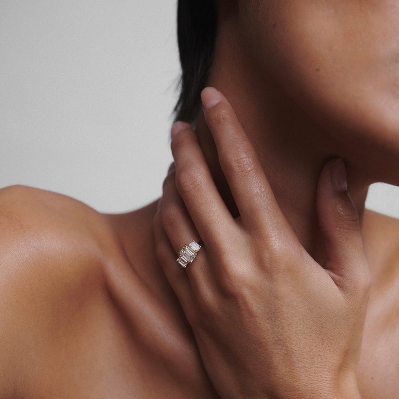 2.05 Carats  Emerald Shaped CVD Diamond Three Stone Style Engagement Ring