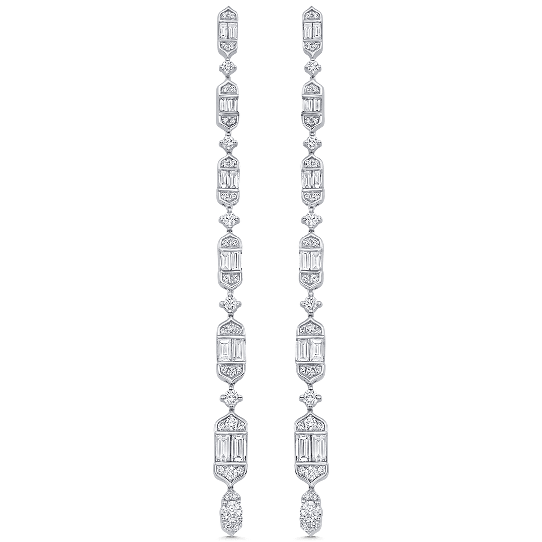 2.20 TCW Round & Baguette Moissanite Diamond Long Drop Earrings