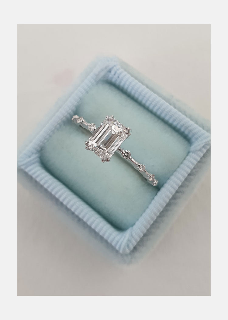 1.0ct Emerald Cut Solitaire Dainty Pave Moissanite Engagement Ring