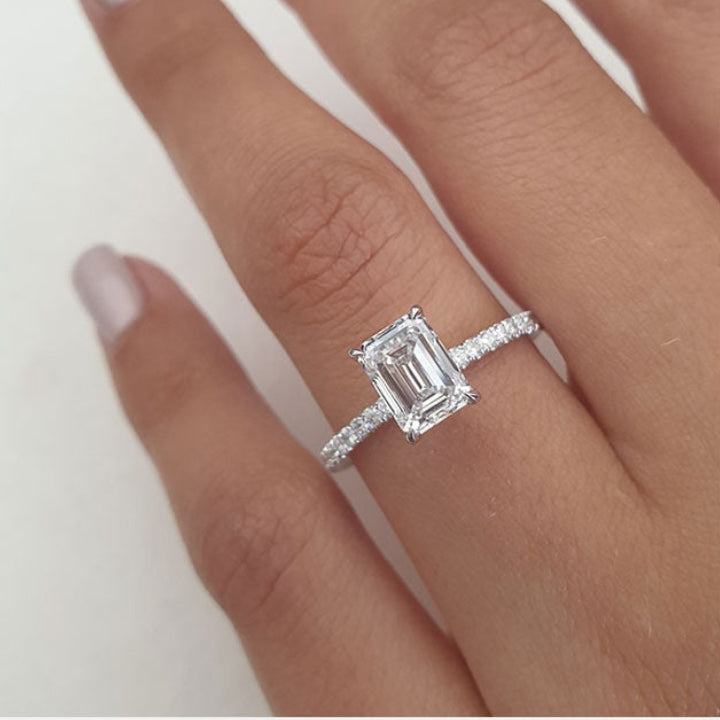 1.25 - 3.25 CT Emerald Cut Moissanite Diamond Hidden Halo Engagement Ring