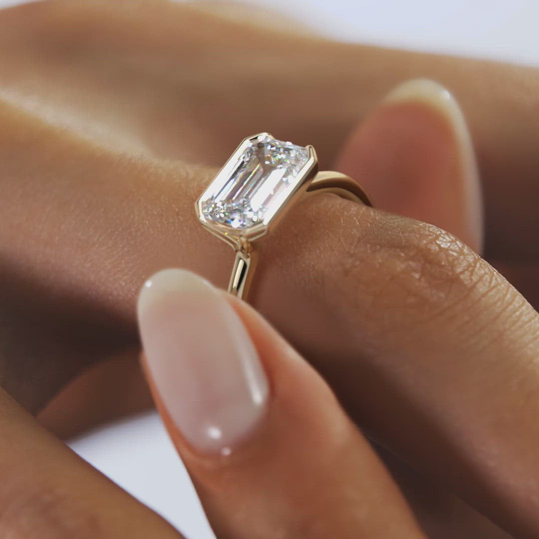 2CT East West Emerald Cut Moissanite Half Bezel Solitaire Engagement Ring