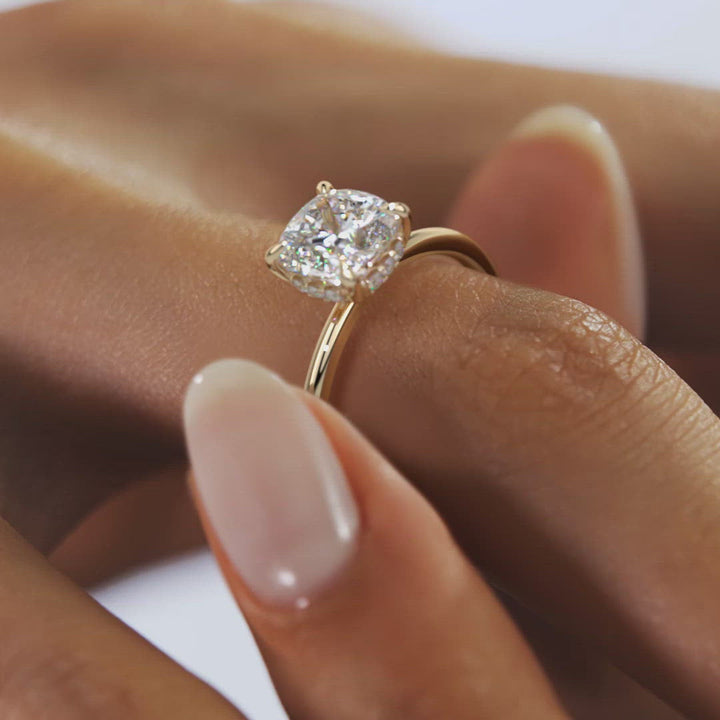2CT Cushion Moissanite Solitaire Engagement Ring With Hidden Halo Setting