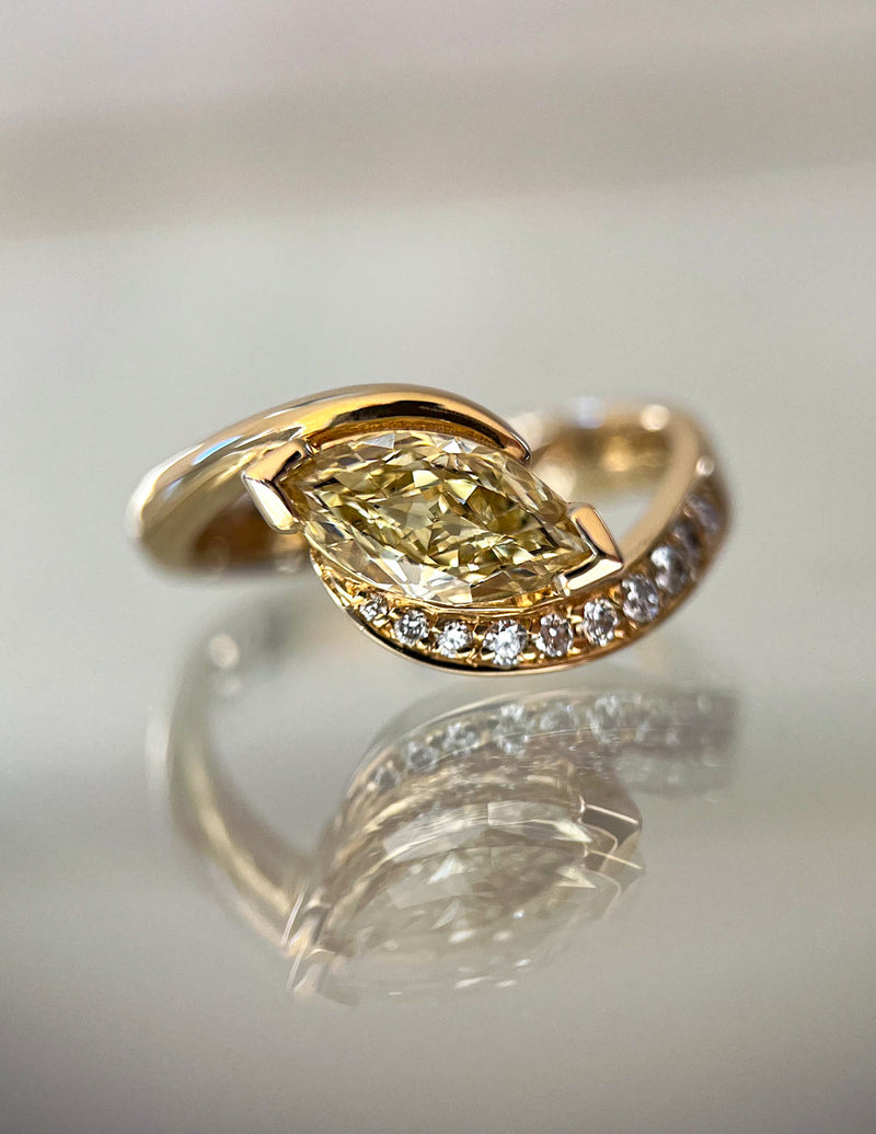 1.0CT-2.0CT Yellow Marquise Cut Moissanite Pave Diamond Engagement Ring