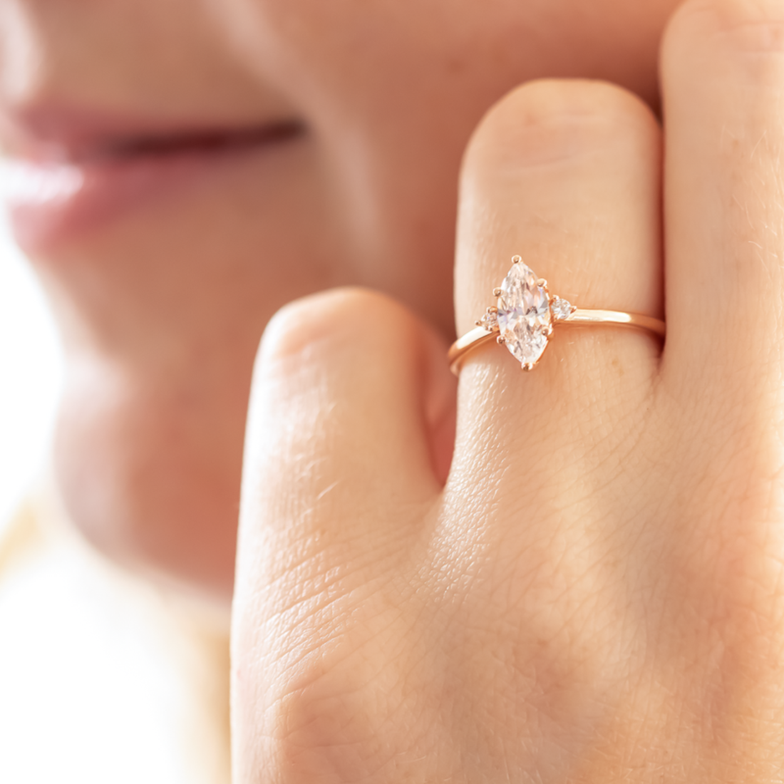 1.0CT Marquise & Round Three Stone Moissanite Engagement Ring
