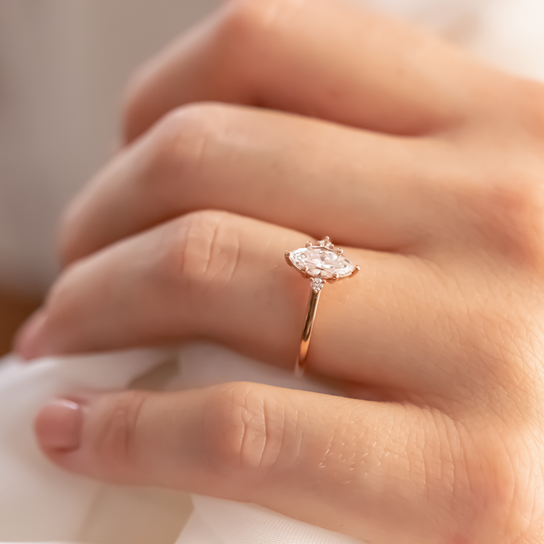 1.0CT Marquise & Round Three Stone Moissanite Engagement Ring