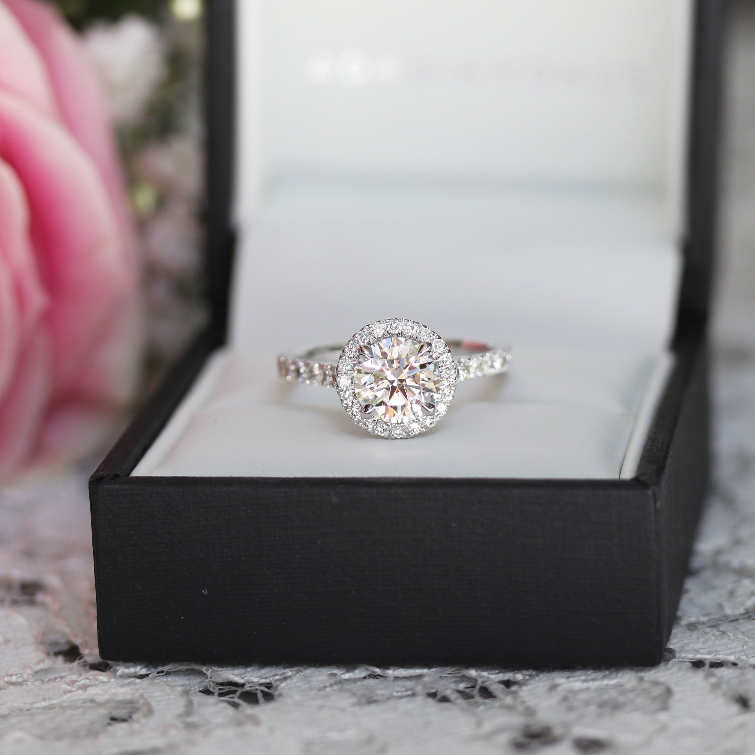 2.25CT Round Brilliant Cut Moissanite Halo Pave Setting Engagement Ring