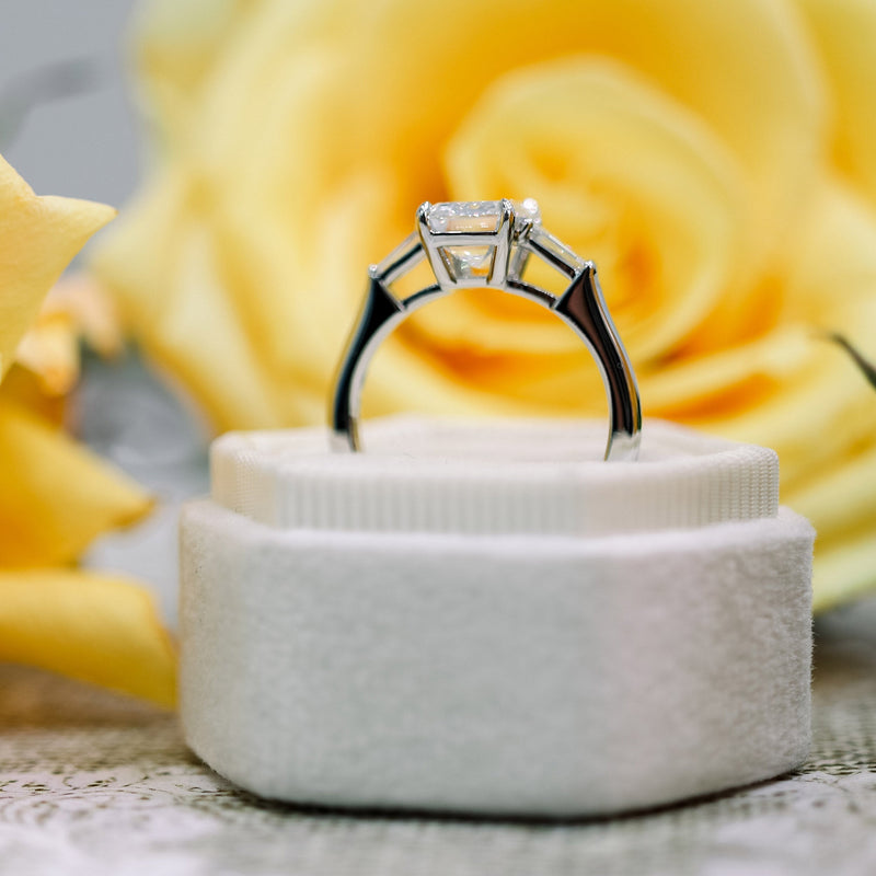 3.0CT Emerald Cut Moissanite 3 Stones Engagement Ring