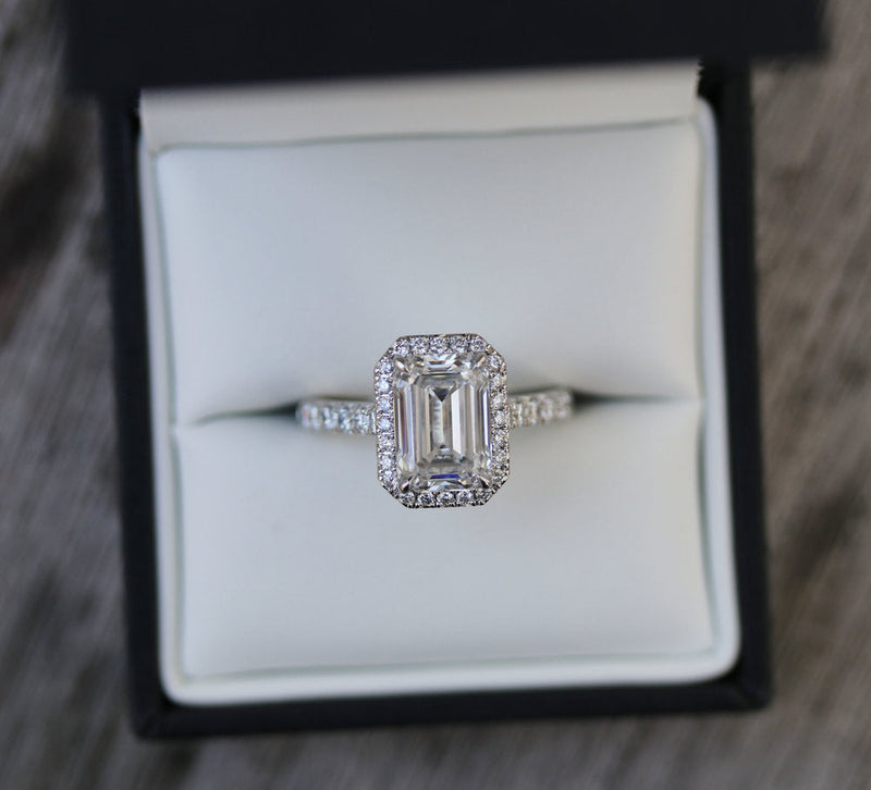 1.0 - 3.0 CT Emerald Cut Moissanite Halo Engagement Ring