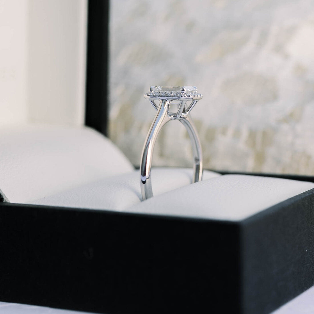 1.0CT Emerald Cut Moissanite Halo Style Engagement Ring