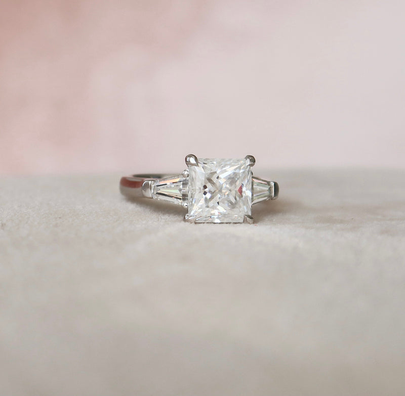 4.12 CT Princess Cut Moissanite 3 Stones Engagement Ring