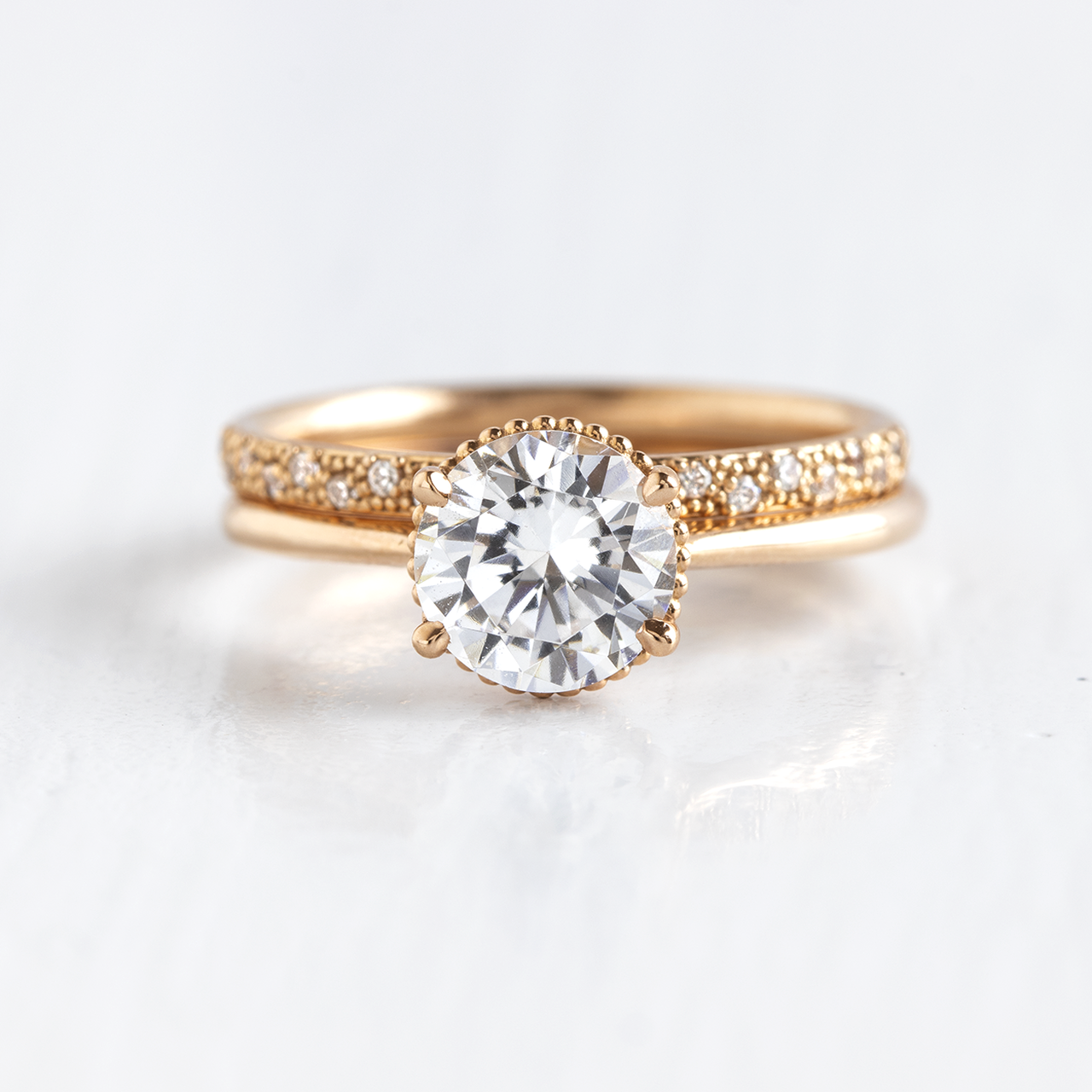 1.0CT Round Cut Milgrain Hidden Halo Style Moissanite Engagement Ring