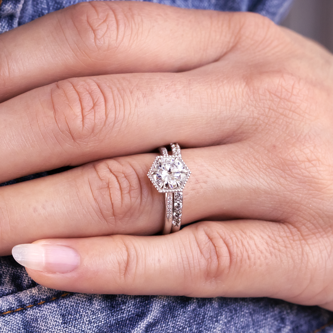 1.20CT Round Cut Hexagon Style Moissanite Solitaire Engagement Ring